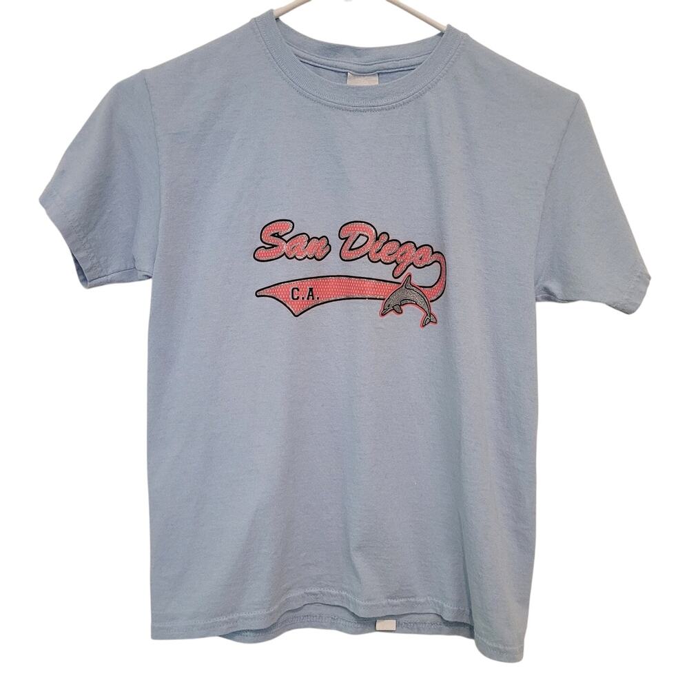San Diego CA Dolphin Graphic Tee Light Blue Tourist T Shirt Youth Small Glitter
